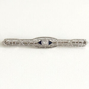 Antique 14K Solid White Gold Sapphire & Diamond Intricate Detail Bar Brooch Pin